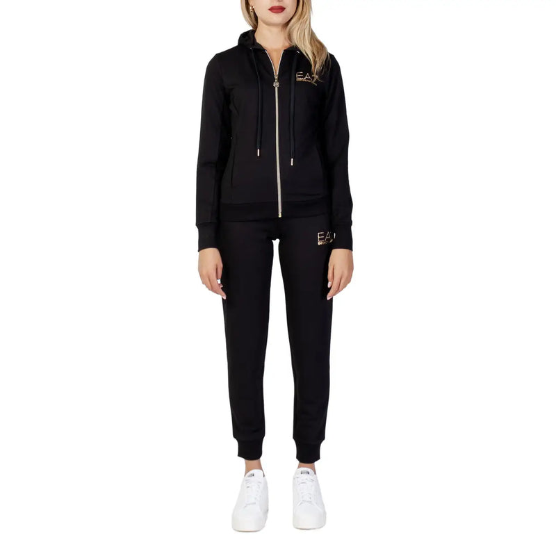 EA7 black hooded jumpsuit with gold logo, full zip, and pockets
