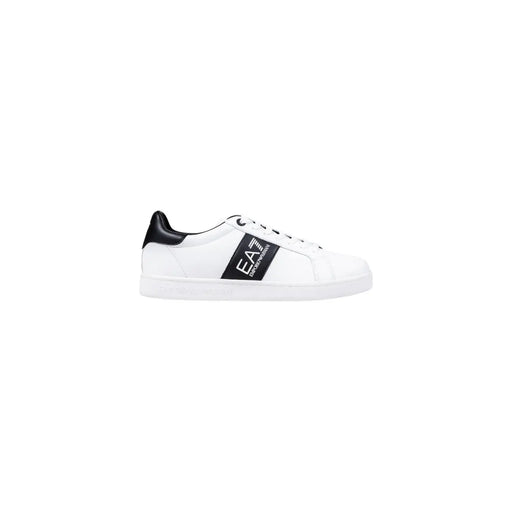 White ea7 sneaker with black accents and logo.