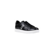 Ea7 black leather men’s sneakers with white rubber sole and contrasting logo on the side