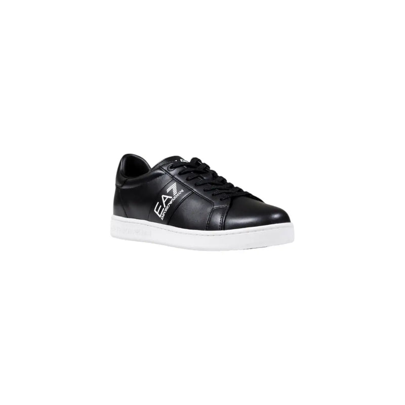 Ea7 black leather men’s sneakers with white rubber sole and contrasting logo on the side