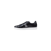 Ea7 black leather men’s sneaker with white rubber sole and logo branding on the side