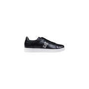 EA7 black leather men’s sneaker with white rubber sole and logo branding on the side