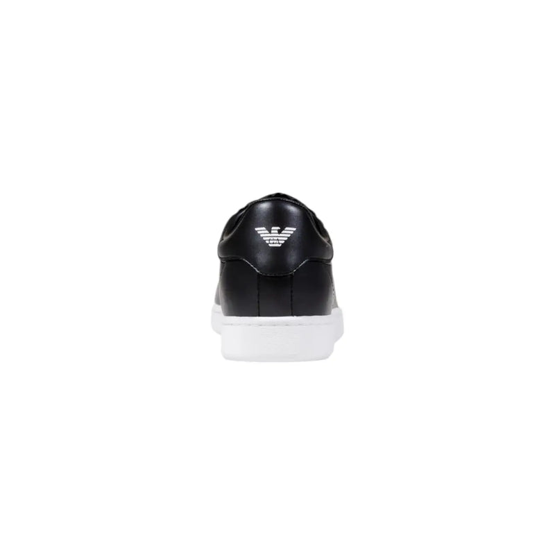 Ea7 black leather mens sneakers with white sole showing back side with silver emporio armani logo on heel