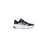 Black and white running shoe with a cushioned sole, designed for comfort and support.