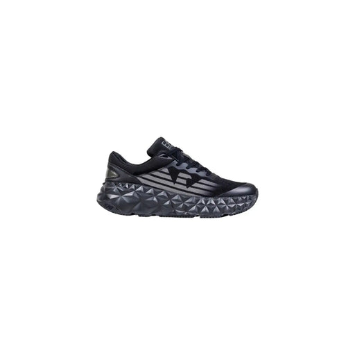 Black asics running shoe with textured sole and logo design.