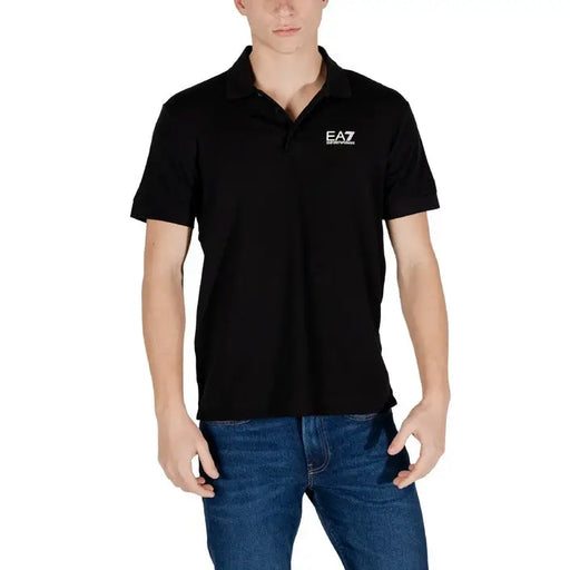 Black EA7 Men Polo Shirt featuring short sleeves for a stylish and comfortable look