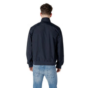 Ea7 men polyamide black nylon bomber jacket with high collar ribbed cuffs and blue zip turtleneck blazer detail