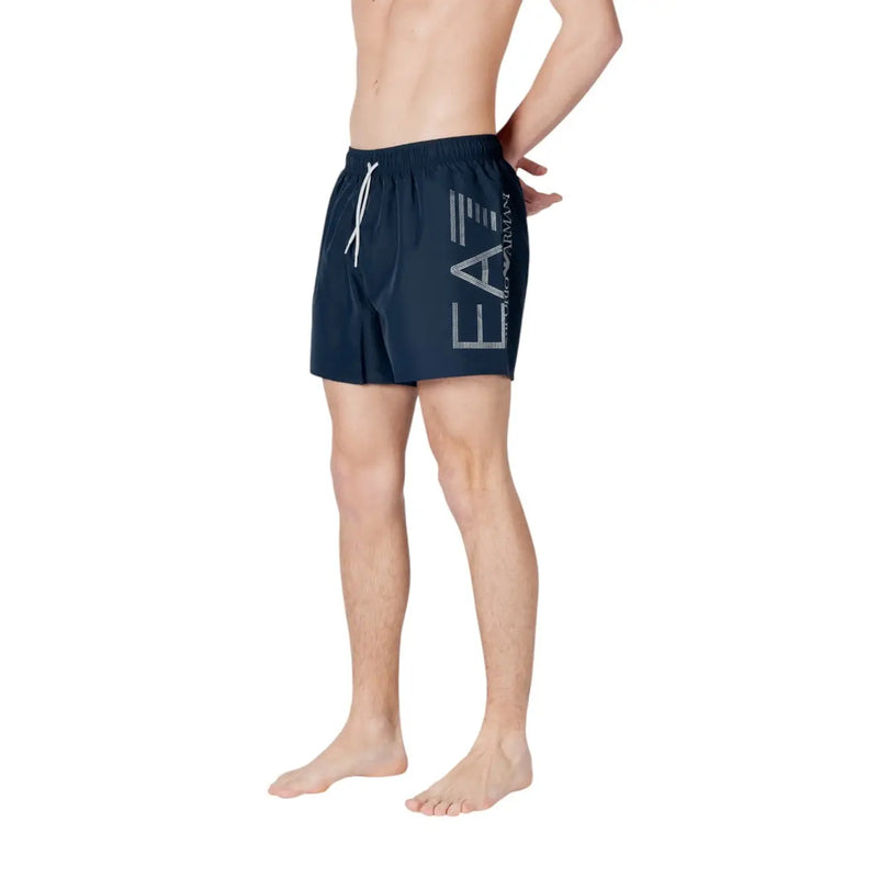 Navy blue ea7 men polyester swim trunks with white drawstring and logo on the side for swimwear use