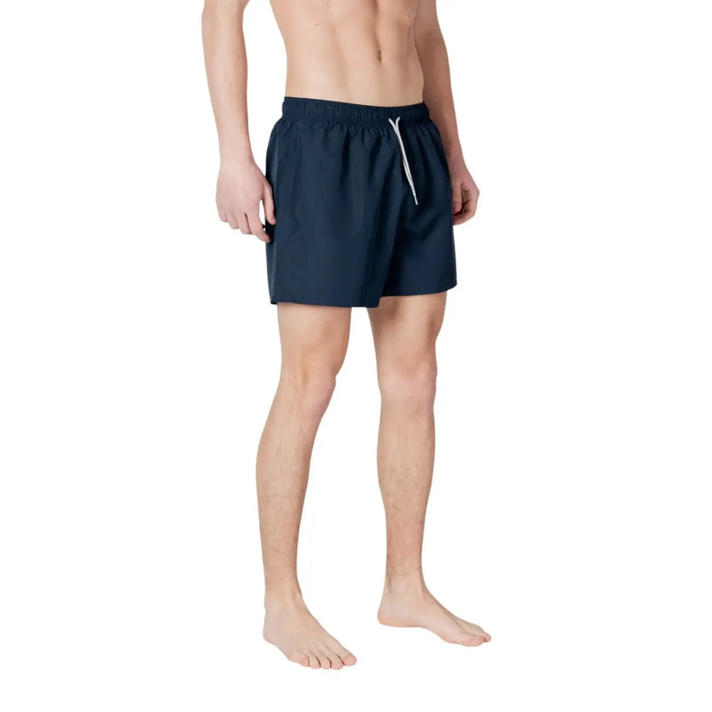 Navy blue EA7 men polyester swim trunks with white drawstring laces designed for swimwear use