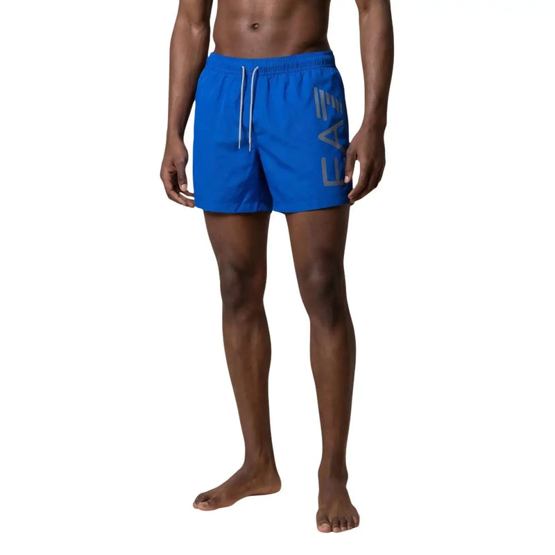 Bright blue ea7 men swim trunks with gray logo side detail white drawstrings polyester laces and pockets