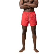 Ea7 men swimwear bright red polyester swim trunks with gray logo, white drawstrings, and side pockets