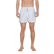 Ea7 men white polyester swim trunks with gray drawstring and subtle side stripes for swimwear use