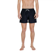 Ea7 men swimwear black polyester swim trunks with white drawstring and subtle gray logo on the side