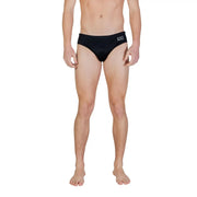 Black men swim trunks with sleek minimalist design and ea7 logo embroidered on white polyester waistband