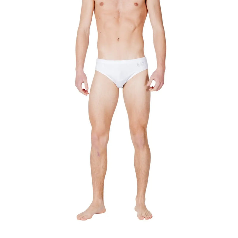 White EA7 men swimwear plain polyester swim trunks with a subtle logo on the waistband, shown from the front