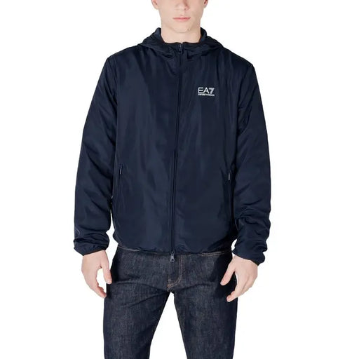 Navy hooded jacket featured in Ea7 Men White Blazer with Zip and Front Pockets
