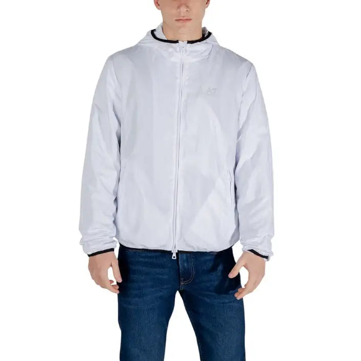 White hooded jacket from EA7 featuring zip closure and front pockets for men