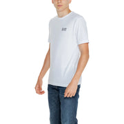 Ea7 Herren weiße Baumwolle t-shirt mit einem kleinen schwarzen Logo auf der linken Brust für lässige Kleidung