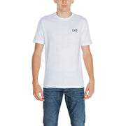 EA7 Herren-Baumwollshirt, weiß t-shirt mit einem kleinen schwarzen Logo auf der linken Brust für Freizeitkleidung