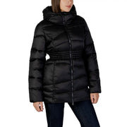 Ea7 Schwarze Damen-Winterjacke mit Kapuze aus Polyamid im Steppdesign mit elastischem Bund
