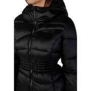 Ea7 Schwarze Damen-Winterjacke mit Kapuze aus Polyamid mit Steppdesign und elastischem Bund, Vorderansicht
