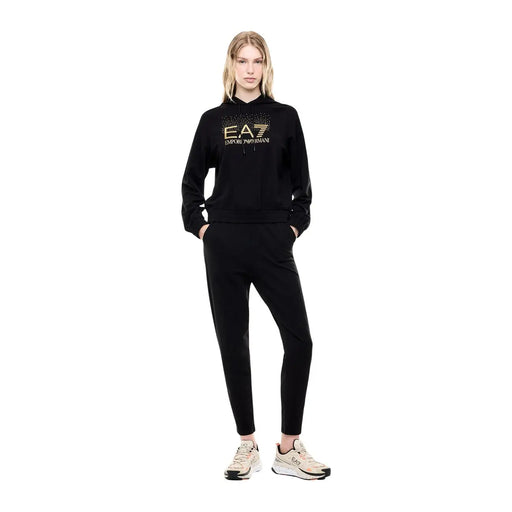 Ea7 Schwarzer Damen-Baumwoll-Overall mit Kapuze, Herbstmode, bestehend aus einem schwarzen EA7 Emporio Armani Hoodie mit goldgesticktem Logo und passender Jogginghose.