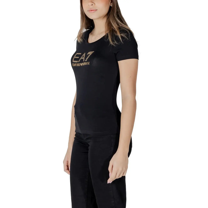 Schwarzes ea7 Emporio Armani Damen-Kurzarmshirt aus Baumwolle und Modal t-shirt mit goldgesticktem Logo und Rundhalsausschnitt