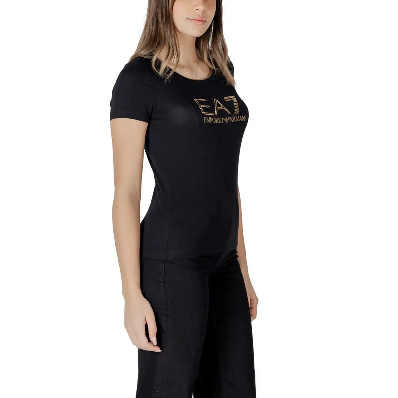 Schwarzes, kurzärmeliges ea7 Emporio Armani Baumwoll-Modal-T-Shirt mit goldgesticktem Logo für Damen
