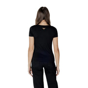 Ea7 Schwarzes Damen-T-Shirt aus Baumwoll-Modal mit kurzen Ärmeln und goldgesticktem Adlerlogo am Halsausschnitt
