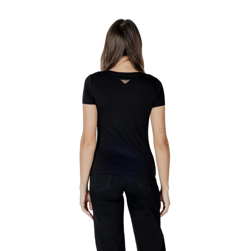 Ea7 Schwarzes Damen-T-Shirt aus Baumwoll-Modal mit kurzen Ärmeln und goldgesticktem Adlerlogo am Halsausschnitt