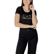 Schwarzes EA7 Emporio Armani Kurzarm-T-Shirt aus Baumwoll-Modal mit goldener Strass-Schrift und Rundhalsausschnitt