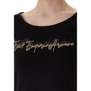 Ea7 Schwarzes Damen-T-Shirt aus Baumwolle mit kurzen Ärmeln, Rundhalsausschnitt und goldenem Strass-Emporio-Armani-Logo auf der Brust