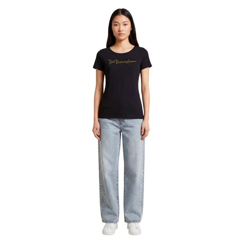 Schwarzes EA7 Damen-Baumwoll-T-Shirt mit kurzen Ärmeln und Rundhalsausschnitt sowie goldener, geschwungener Schrift auf der Brust