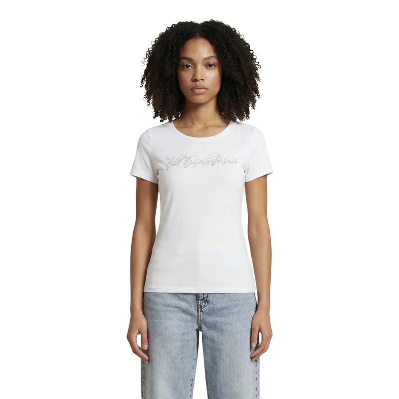 Weißes ea7 Damen-T-Shirt aus Baumwolle mit kurzen Ärmeln und silbernem Glitzer-Schriftzug auf der Brust