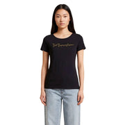 Ea7 Schwarzes Damen-T-Shirt aus Baumwolle mit kurzen Ärmeln und Rundhalsausschnitt, verziert mit goldenem Glitzer und Emporio Armani-Schriftzug auf der Brust