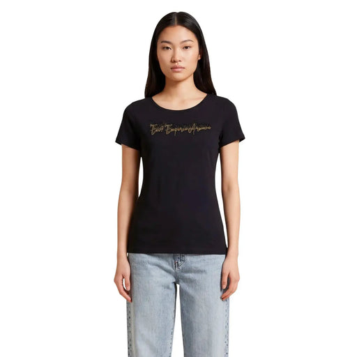 Ea7 Schwarzes Damen-T-Shirt aus Baumwolle mit kurzen Ärmeln und Rundhalsausschnitt, verziert mit goldenem Glitzer und Emporio Armani-Schriftzug auf der Brust