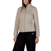 Ea7 Beige, lange Steppjacke für Damen mit Rollkragen, Reißverschlusstaschen und dezentem Logo auf der Brust