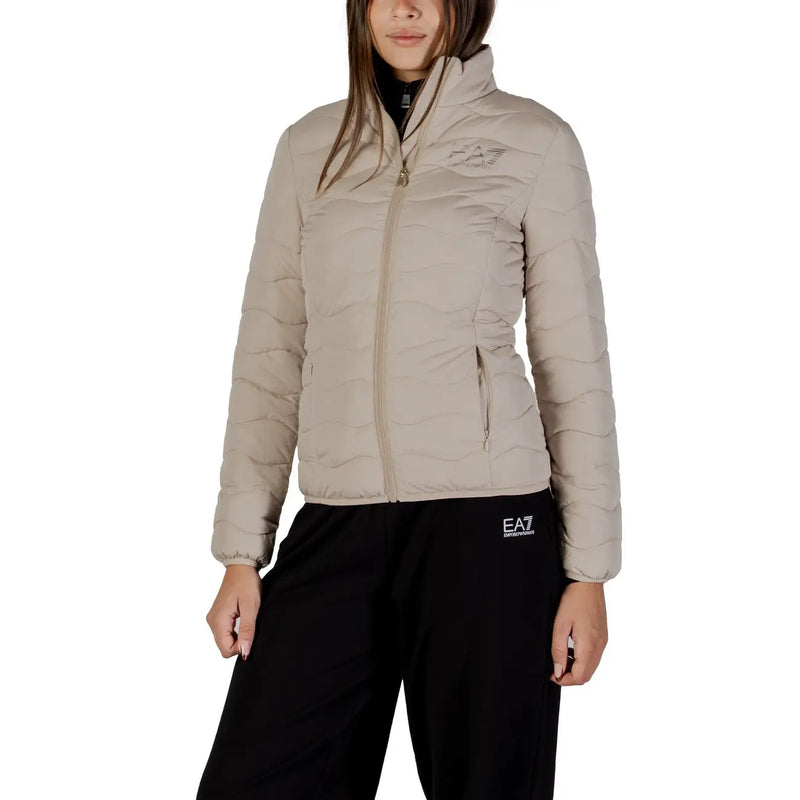 Ea7 Beige, lange Steppjacke für Damen mit Rollkragen, Reißverschlusstaschen und dezentem Logo auf der Brust