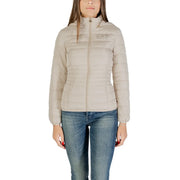 Women’s beige hooded puffer jacket from Ea7 Women’s Long Hooded Jacket in White collection