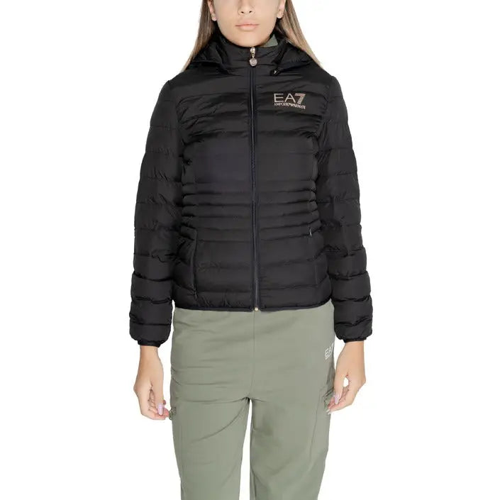 Black puffy winter jacket with EA7 logo for women, showcasing stylish warmth and comfort