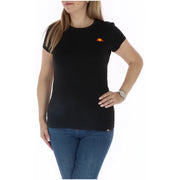 Schwarzes Ellesse Damen-T-Shirt aus Baumwolle mit kurzen Ärmeln und kleinem orange-gelbem Logo auf der linken Brust.