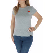 Ellesse Damen-Baumwoll-T-Shirt mit Rundhalsausschnitt in Graumeliert, kurzen Ärmeln und kleinem, gesticktem Sonnenlogo auf der linken Brust