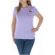 Lavendelfarbenes Ellesse Damen-T-Shirt aus Baumwolle mit Rundhalsausschnitt, kurzen Ärmeln und kleinem, gesticktem Logo auf der Brust.