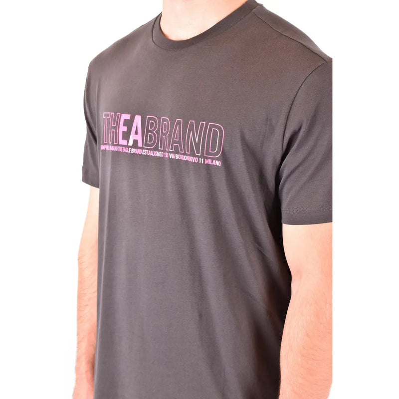 Graues Herren-T-Shirt aus Baumwolle von Emporio Armani mit auffälligem pink-weißem Markenlogo und kleinerem Text darunter