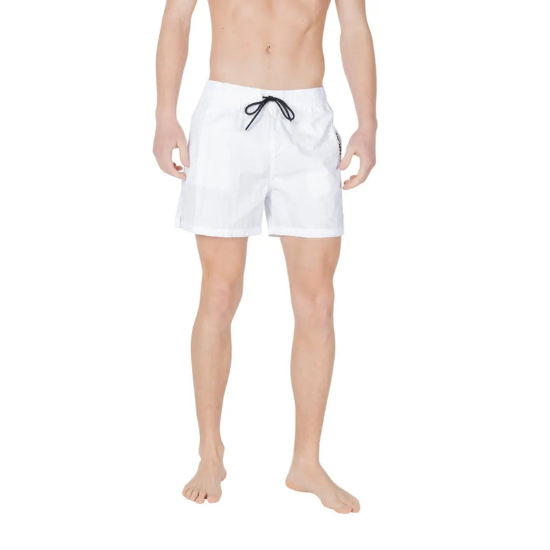 White Emporio Armani men swimwear polyamide trunks with black drawstring and subtle side branding