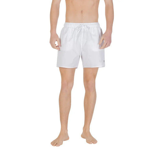 Emporio Armani men swimwear white lace polyester shorts with drawstring waistband and subtle logo on the lower right leg