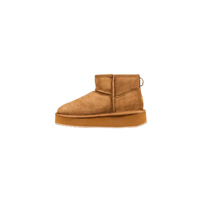 Emu Australia Damen-Ankle-Boot aus hellbraunem Wildleder mit dicker Plateausohle und kleinem goldenen Logo an der Seite