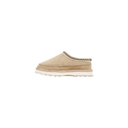Emu Australia Damen-Lederpantoffeln, beigefarbenes Wildleder, Slipper zum Hineinschlüpfen mit dunkler Zickzacknaht und weißer Gummisohle