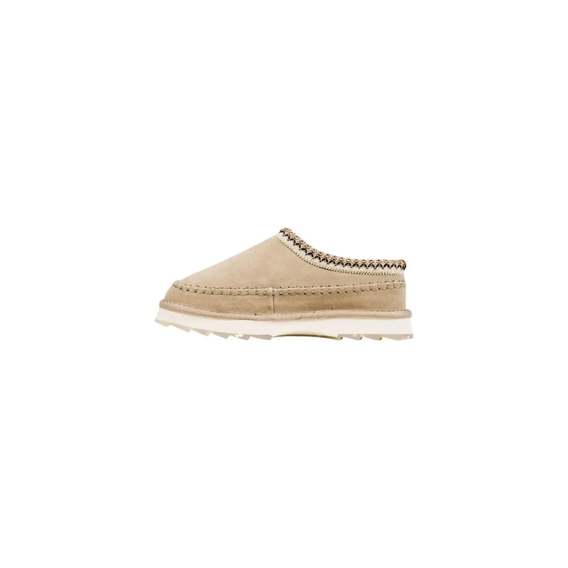 Emu Australia Damen-Lederpantoffeln, beigefarbenes Wildleder, Slipper zum Hineinschlüpfen mit dunkler Zickzacknaht und weißer Gummisohle