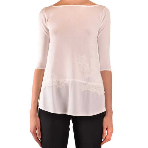 Ermanno Damen-Strickwaren in Beige aus Viskosemischung top mit zartem, cremefarbenem, transparentem Stoff und Spitzenbesatz am Saum